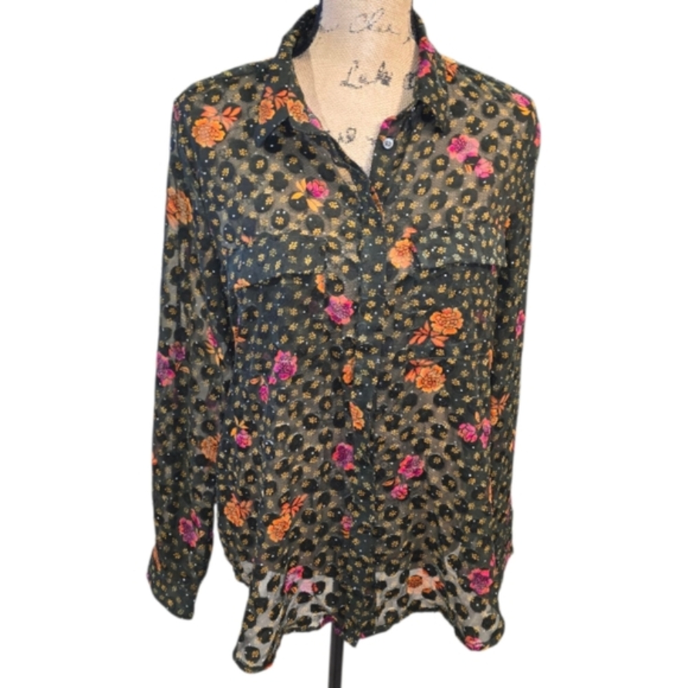 Loft Swiss‎ Dot Green Pink Orange Floral Button-Up Slightly Sheer Blouse Large